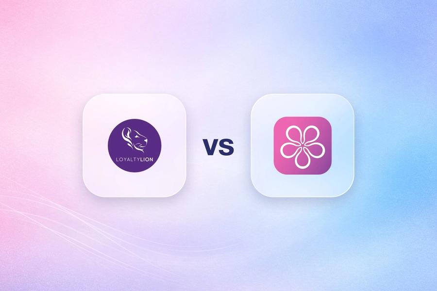 LoyaltyLion and BON Loyalty logos on frosted glass tiles comparing the Shopify loyalty apps