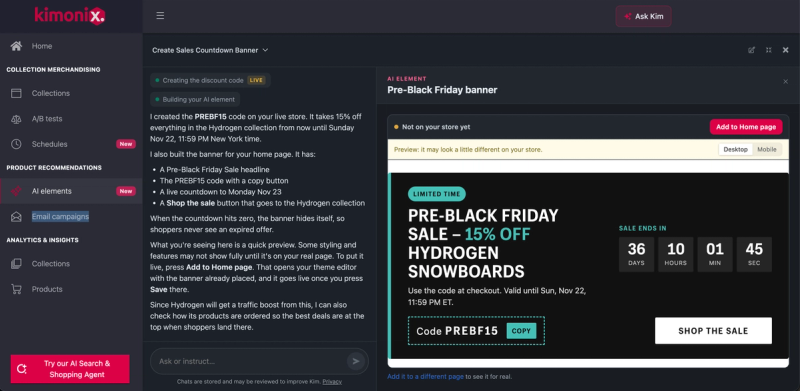 Kimonix AI element preview of a pre-Black Friday banner with a live countdown, a discount code with a copy button and a Shop the sale button