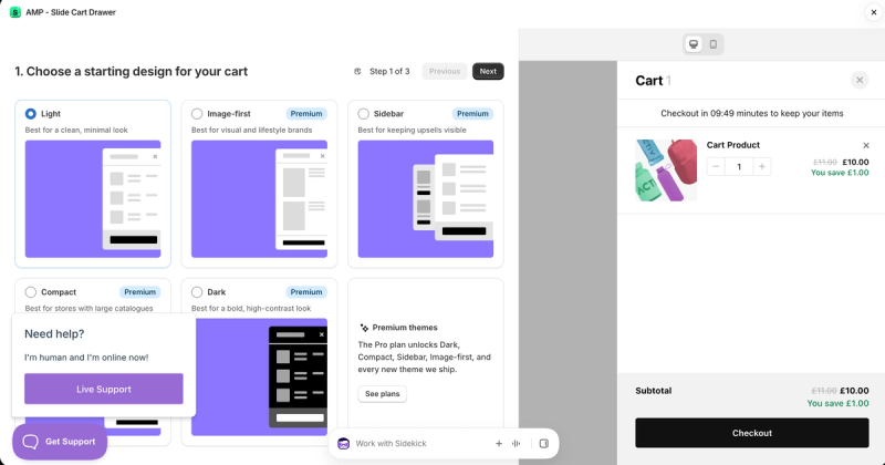 Amp Slide Cart starting designs, with a free Light design and premium Image-first, Sidebar, Compact and Dark designs on the Pro plan, beside a live cart preview