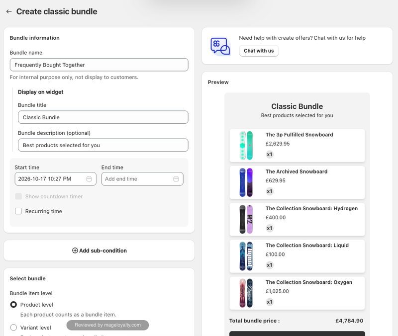 BOGOS classic bundle editor with the bundle name, widget title and description, start and end times, recurring time and product-level or variant-level items, beside a preview of five products