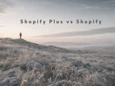 Shopify Plus vs Shopify: Features, Pricing & When to Upgrade: a minimalist cinematic landscape with the title in the sky