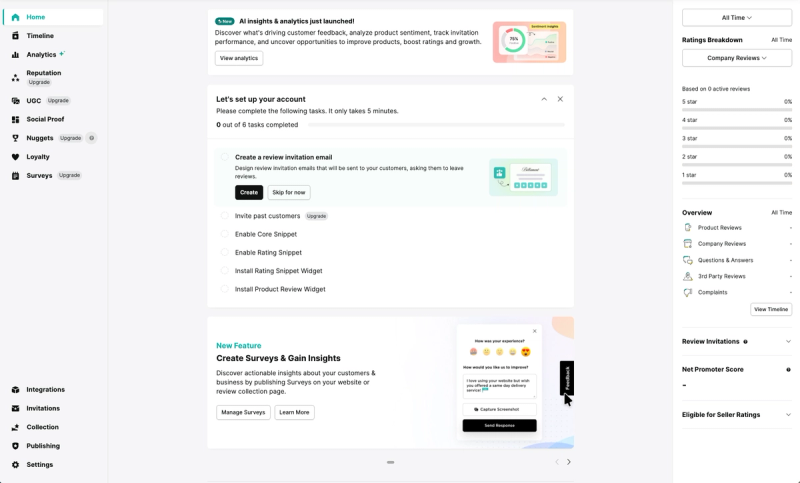 REVIEWS.io dashboard with a six-step setup checklist, ratings breakdown and an overview of product reviews, company reviews, questions, third-party reviews and complaints