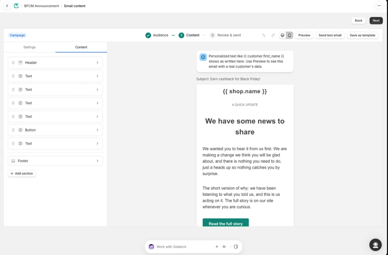 Judge.me Email's campaign content editor with header, text, button and footer sections on the left and the email preview on the right