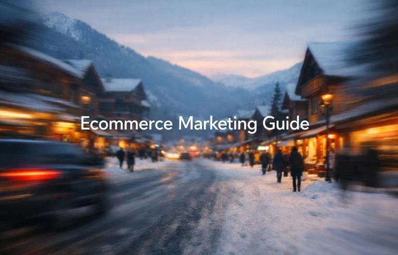 White text reading "Ecommerce Marketing Guide" over a snowy alpine village street at dusk with lit shopfronts
