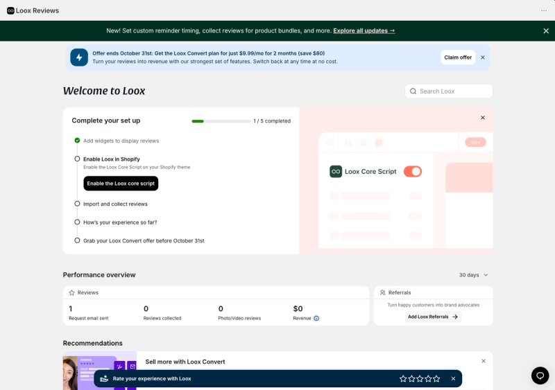 Loox setup dashboard with a five-step setup card and a performance overview of requests, reviews, photo and video reviews and revenue
