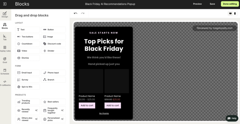 Wisepops drag-and-drop blocks for layout, form inputs including email, phone, survey, branch and spin to win, and product blocks such as best sellers and personalised picks
