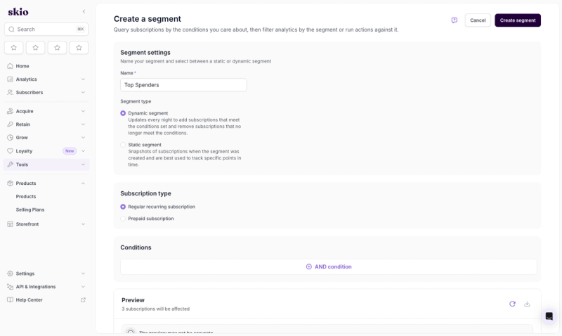 Skio create a segment screen with a dynamic or static segment type, recurring or prepaid subscription type, and conditions