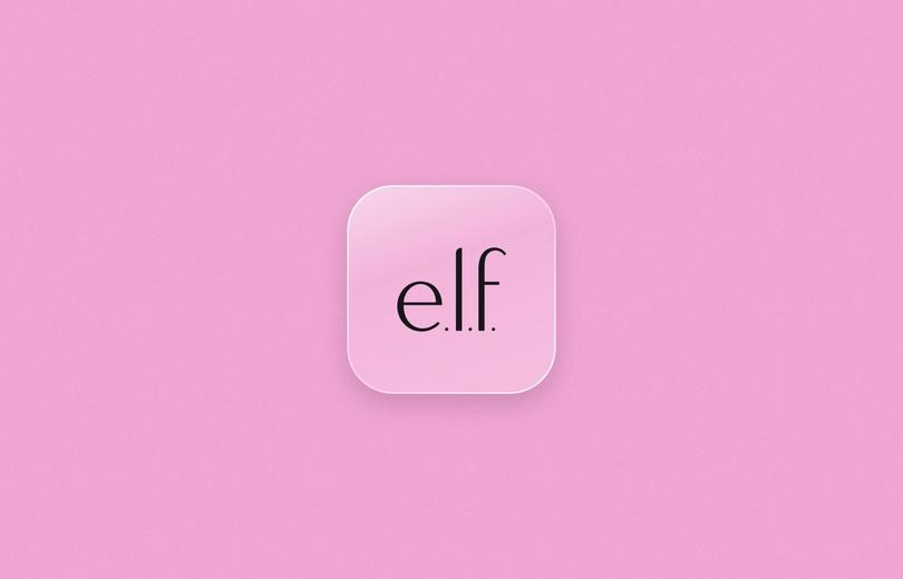 e.l.f. logo on a frosted glass tile over a soft pink background