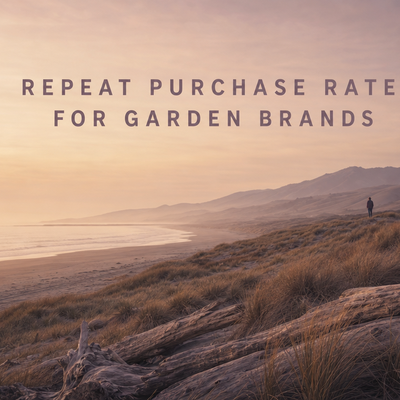 Cinematic minimalist landscape with article title "Average Repeat Purchase Rate: Shopify Plant and Garden Brands" displayed a