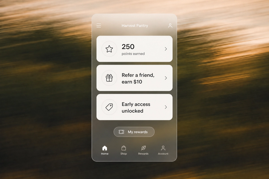 Minimalist landscape with "How to Set Up Your Loyalty Program for Shopify POS" text overlaid in sky, illustrating omnichannel
