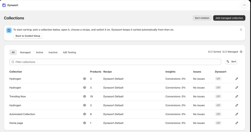 Dynasort collections list showing each collection's sorting recipe, conversion rate, issues and on or off status, with tabs for managed collections and A/B tests