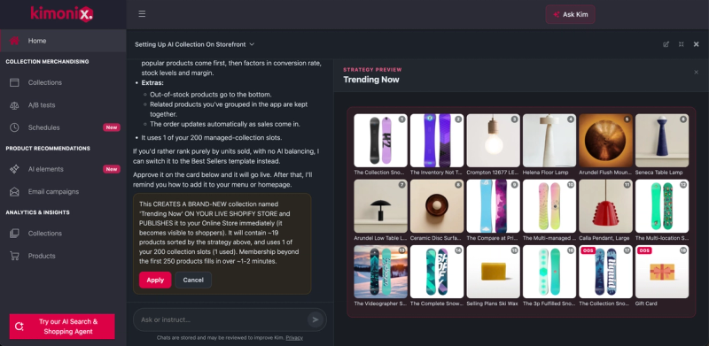 Kimonix Kim agent previewing a Trending Now collection strategy, with sold-out products moved to the end of the grid and an approval card before it goes live