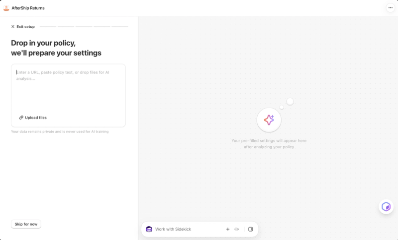 AfterShip's AI policy import asking for a URL, policy text or files, with pre-filled settings appearing once the policy is analysed
