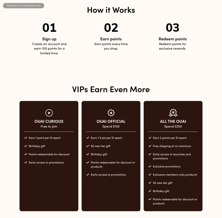 Club OUAI page: how it works, with sign up, earn points and redeem points, and the three tiers OUAI Curious, OUAI Official and All the OUAI with their benefits