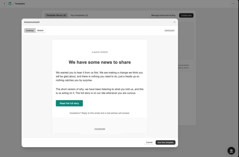 An announcement template from Judge.me Email's template library, previewed on desktop with a button and an unsubscribe footer
