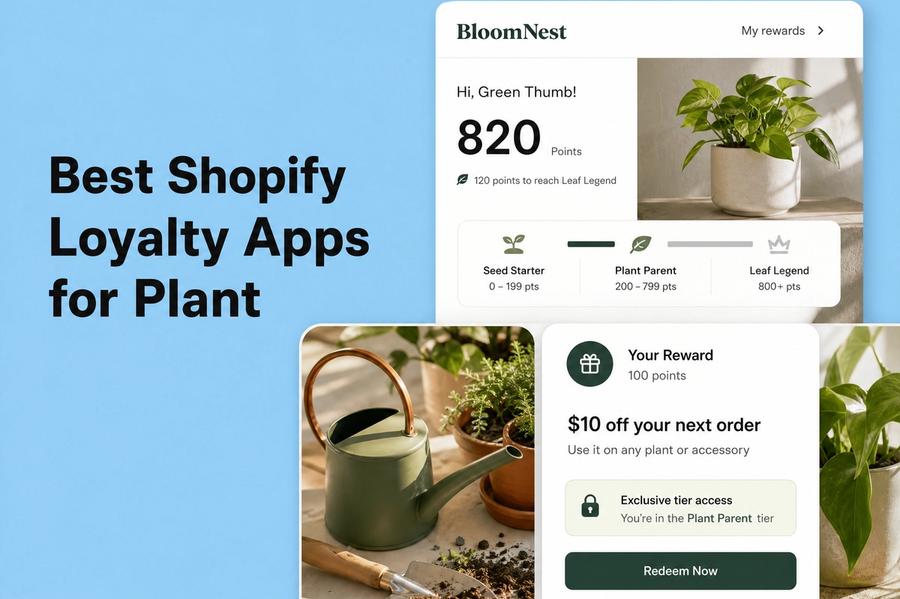 Minimalist landscape with "Best Shopify Loyalty Apps for Plant and Garden Brands" text overlaid in the sky, illustrating a ro