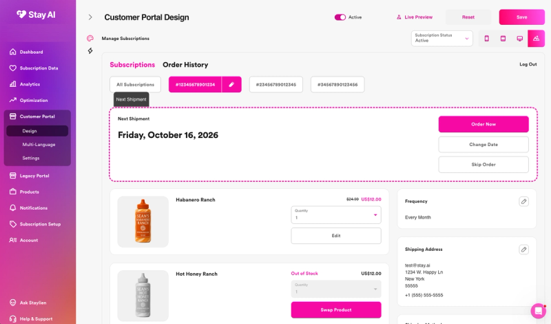 Stay AI customer portal design with a live preview of the next shipment and Order Now, Change Date and Skip Order buttons, plus product quantity and swap options