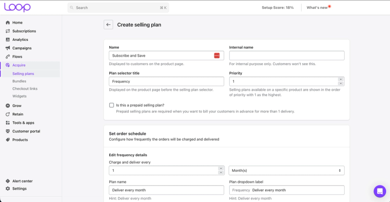 Loop create selling plan form with the plan name, frequency selector title, priority, a prepaid option and a charge and deliver every one month schedule