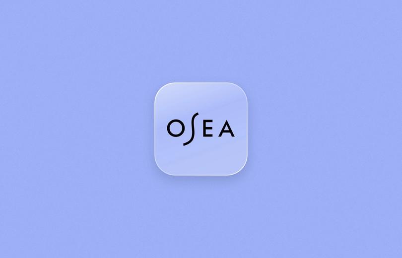 OSEA logo on a frosted glass tile over a periwinkle blue background