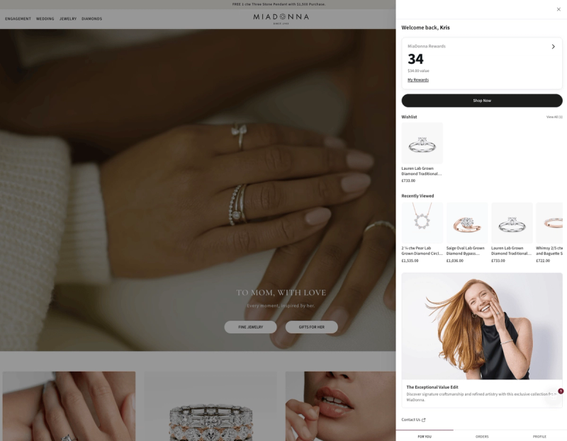 MiaDonna account sidebar with 34 points worth $34.00, a Shop Now button, wishlist, recently viewed rings, and a promo card