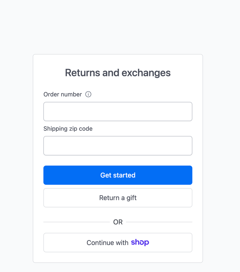 Loop's shopper return portal asking for an order number and shipping zip code, with Return a gift and Continue with Shop options