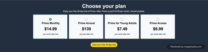 Choose your plan: Prime Monthly $14.99, Prime Annual $139, Prime for Young Adults $7.49 per month and Prime Access $6.99 per month, with a free 30-day trial