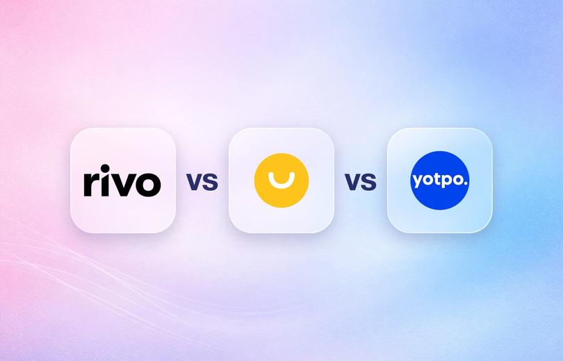 Rivo, Smile.io and Yotpo logos on frosted glass tiles comparing the Shopify loyalty apps
