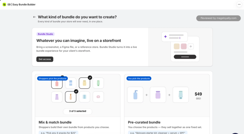 Easy Bundles bundle type screen with Bundle Studio for turning a screenshot or Figma file into a live bundle, a mix and match bundle where shoppers pick the products, and a pre-curated bundle