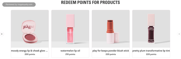 Kylie Cosmetics Rewards Redeem Points for Products: lip and cheek glow balm for 200 points, lip oil for 210, powder blush stick for 220 and transformative lip tint for 220