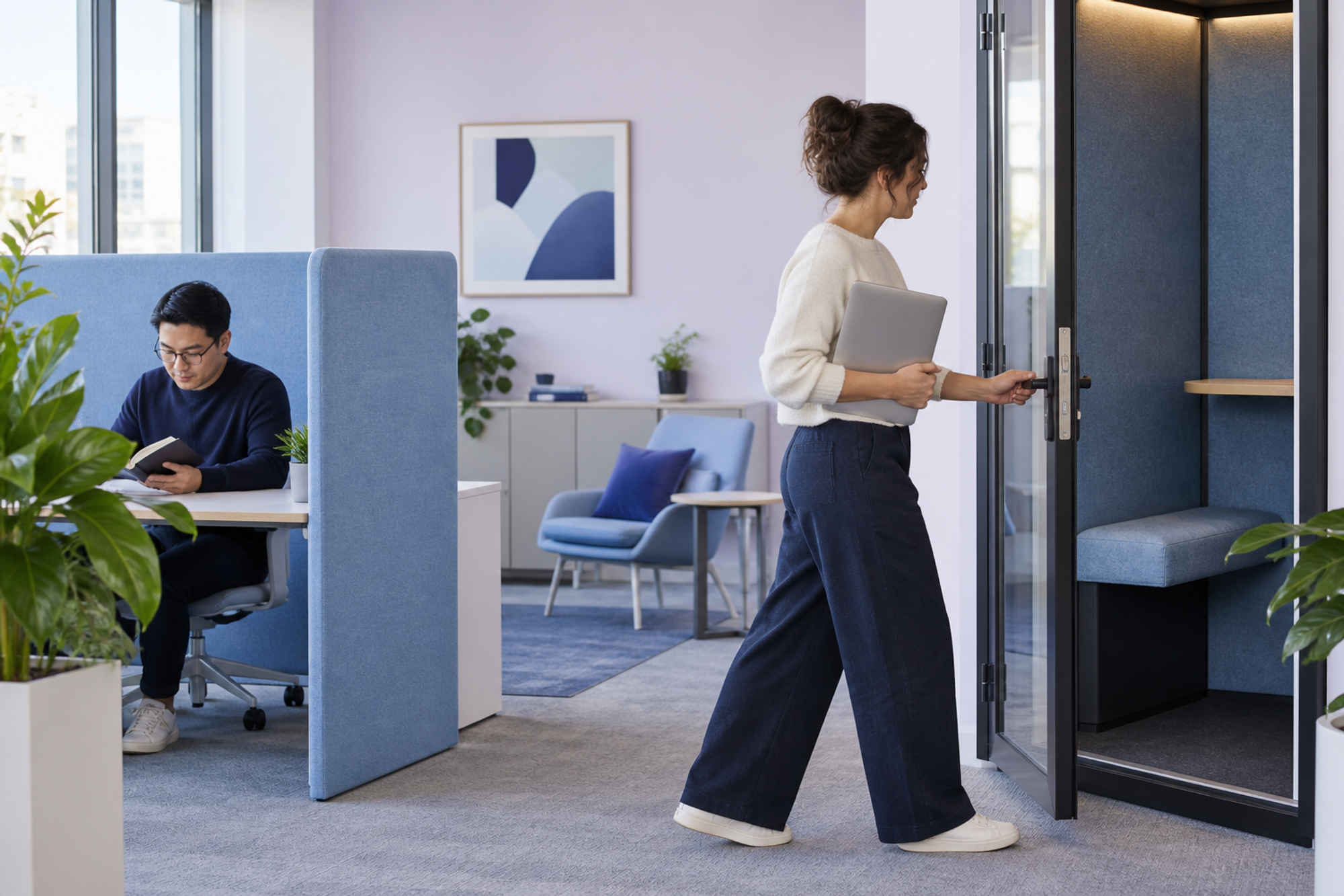 A colleague moves toward an enclosed phone booth while another person works quietly at a separate desk.