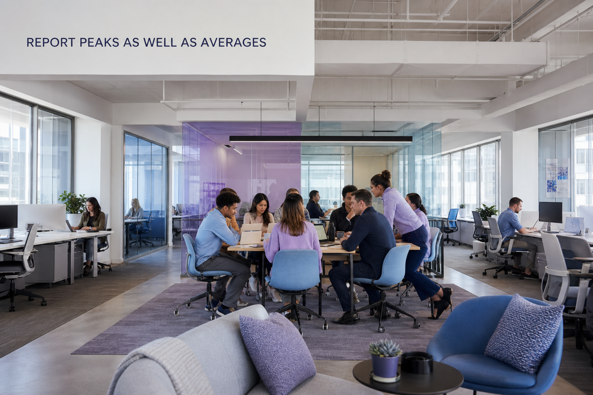 A busy central team area sits between much quieter office zones beneath the words Report Peaks as Well as Averages.