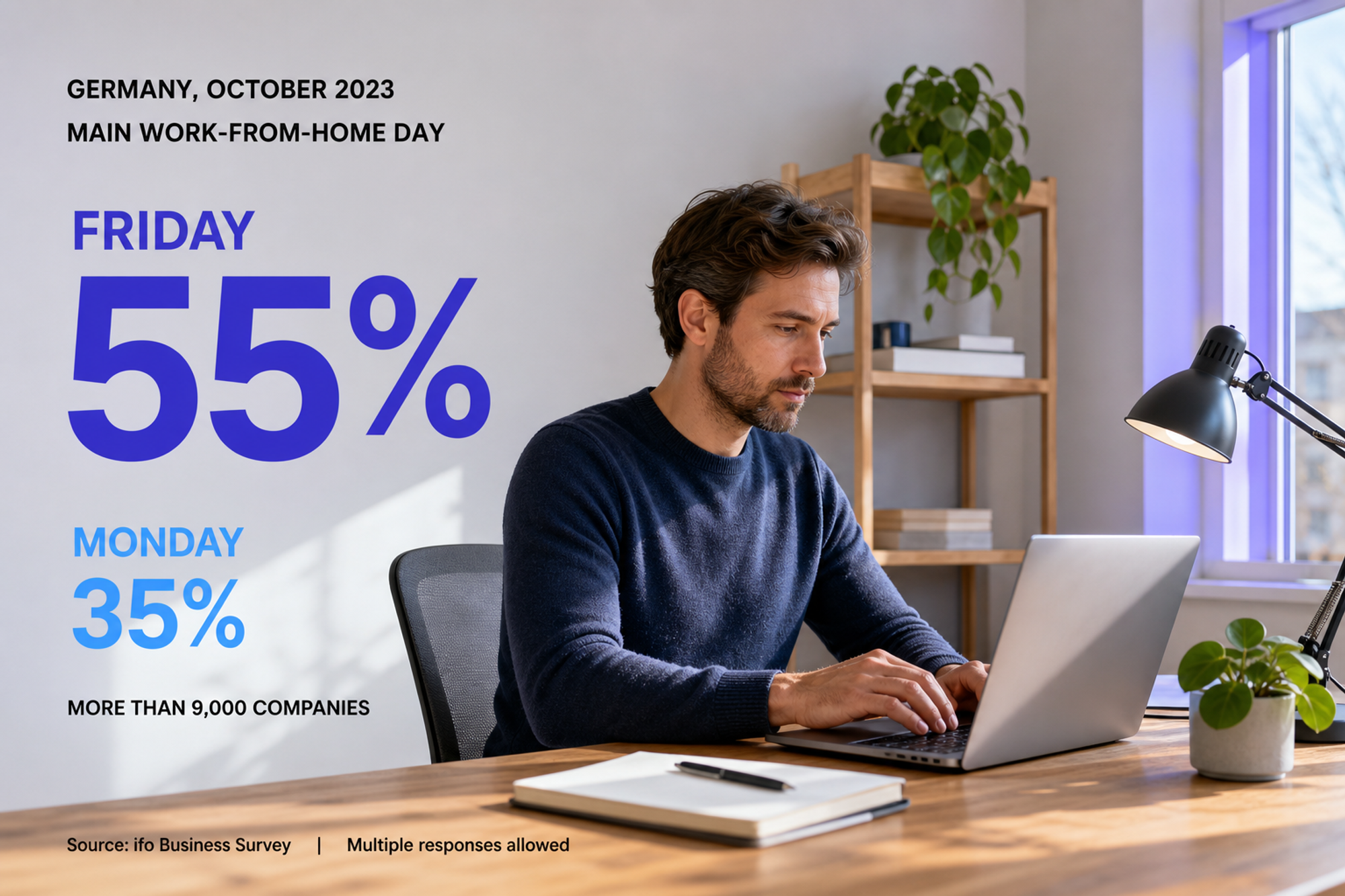 Germany, October 2023: Friday was the main work-from-home day for 55% of more than 9,000 surveyed companies, compared with Monday at 35%. Source: ifo Business Survey. Multiple responses allowed.