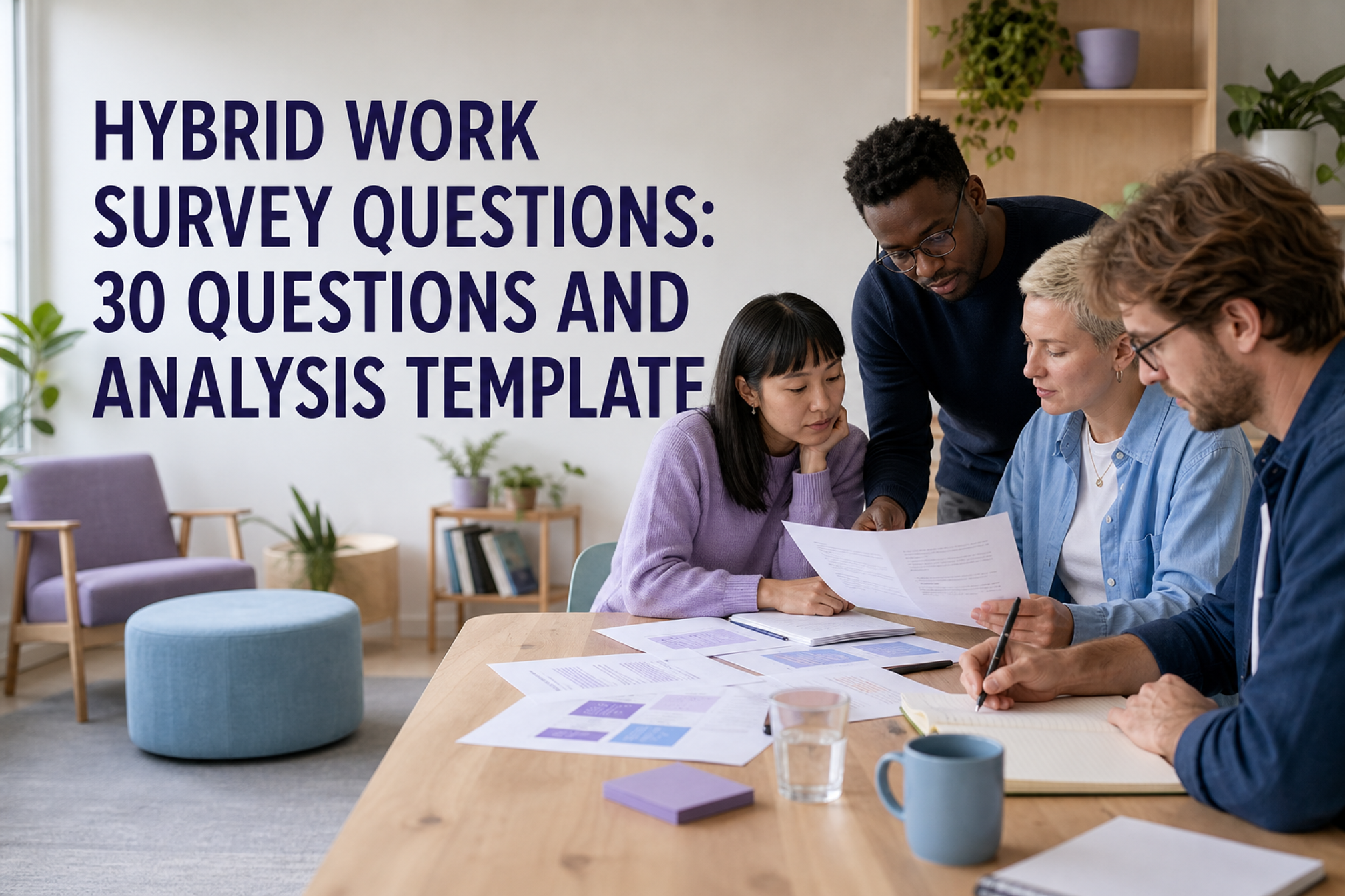 Four coworkers refine survey questions beneath the title Hybrid Work Survey Questions: 30 Questions and Analysis Template.