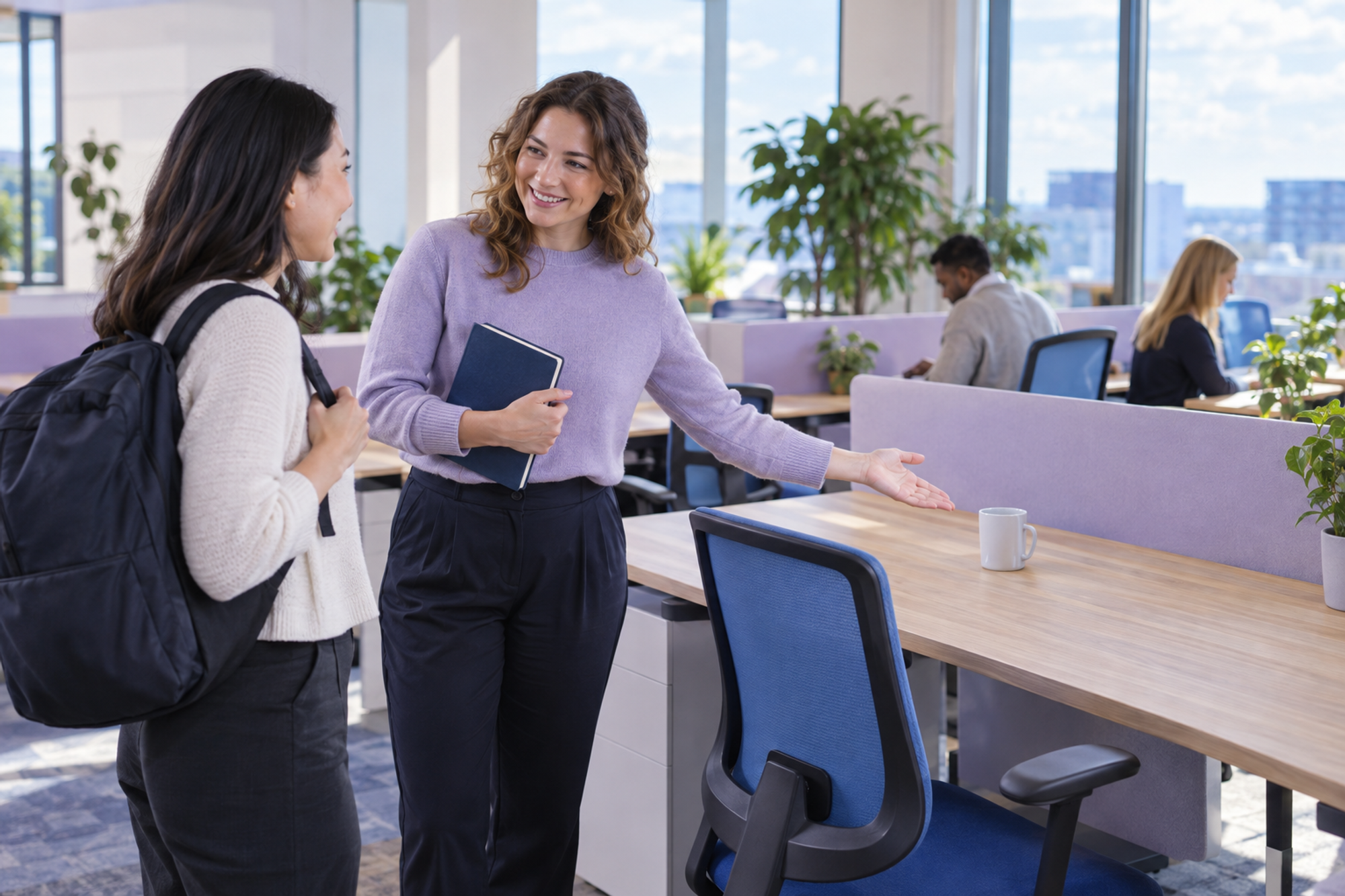 A workplace coordinator welcomes a coworker to an available desk in a shared office area.