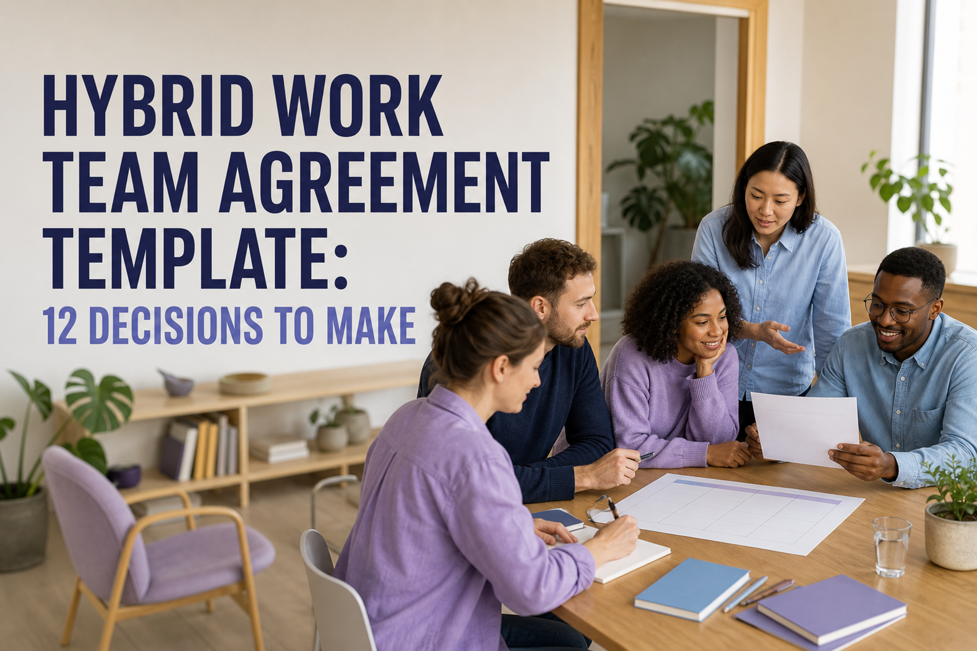 Five coworkers draft an agreement beneath the title Hybrid Work Team Agreement Template: 12 Decisions to Make.