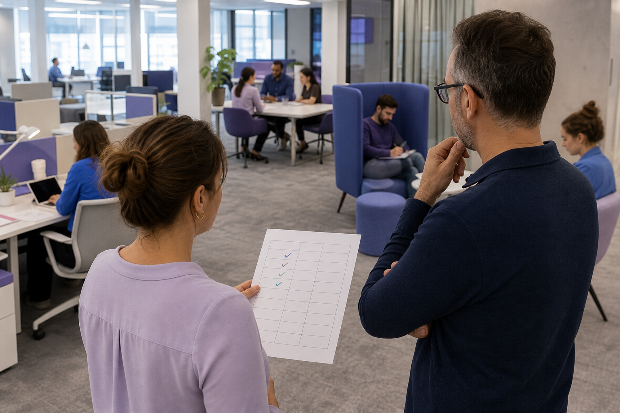 Two workplace operators observe a live office capacity test across desks, collaboration tables, and focus seating.