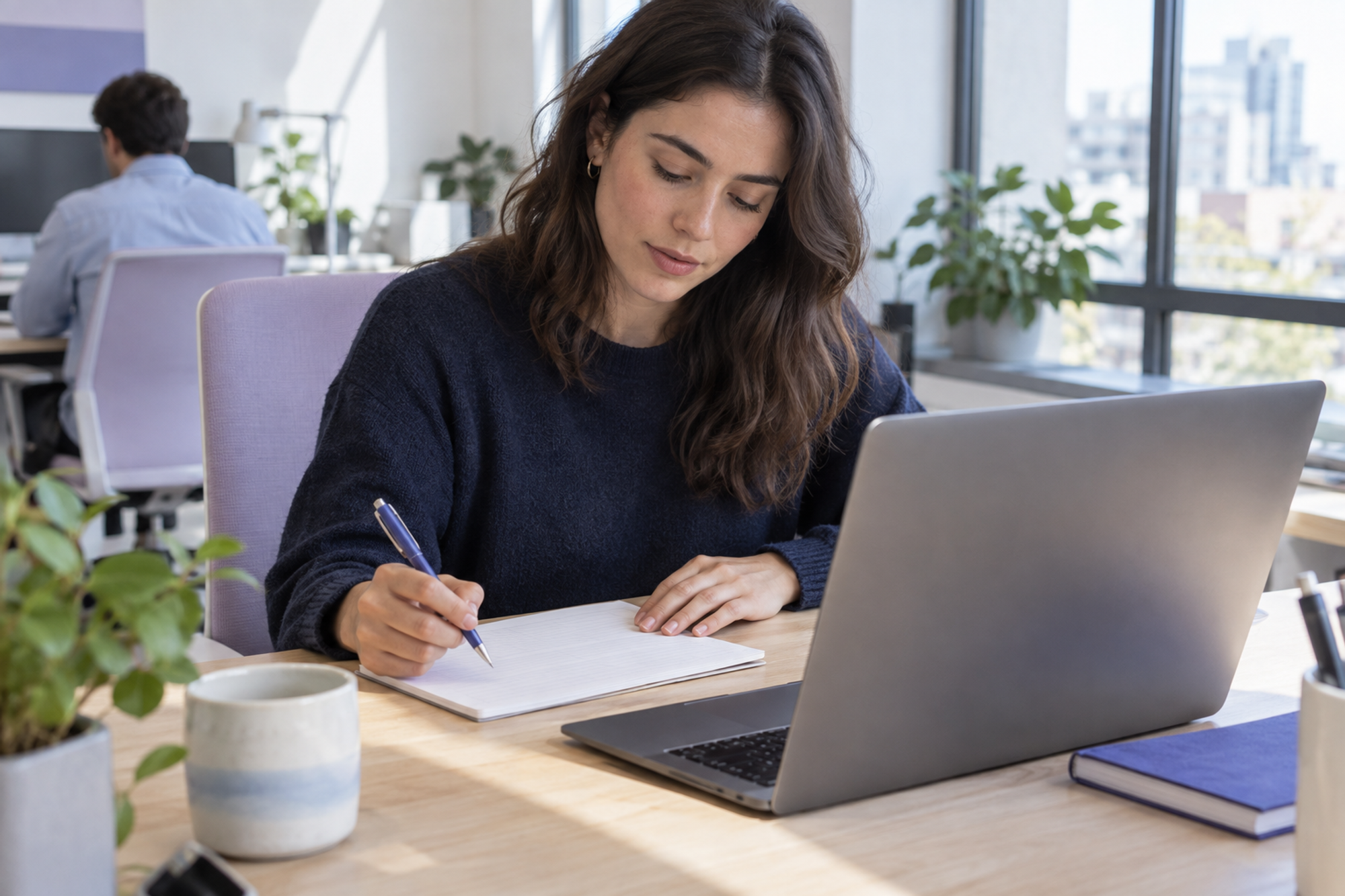 A colleague checks a paper work note beside a laptop in a shared office.