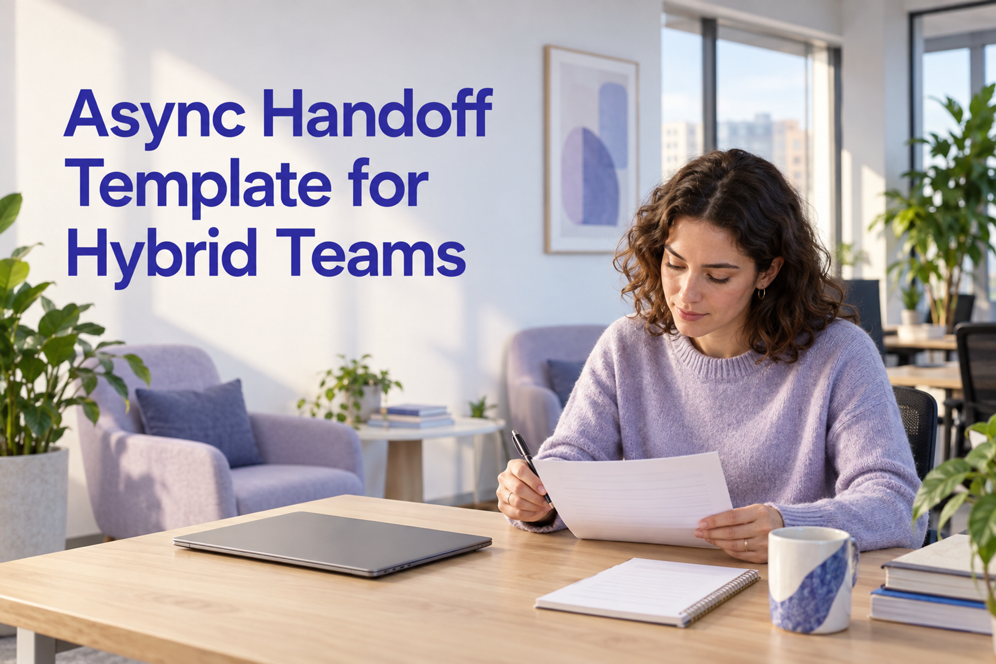 A colleague reviews a work brief beneath the title Async Handoff Template for Hybrid Teams.