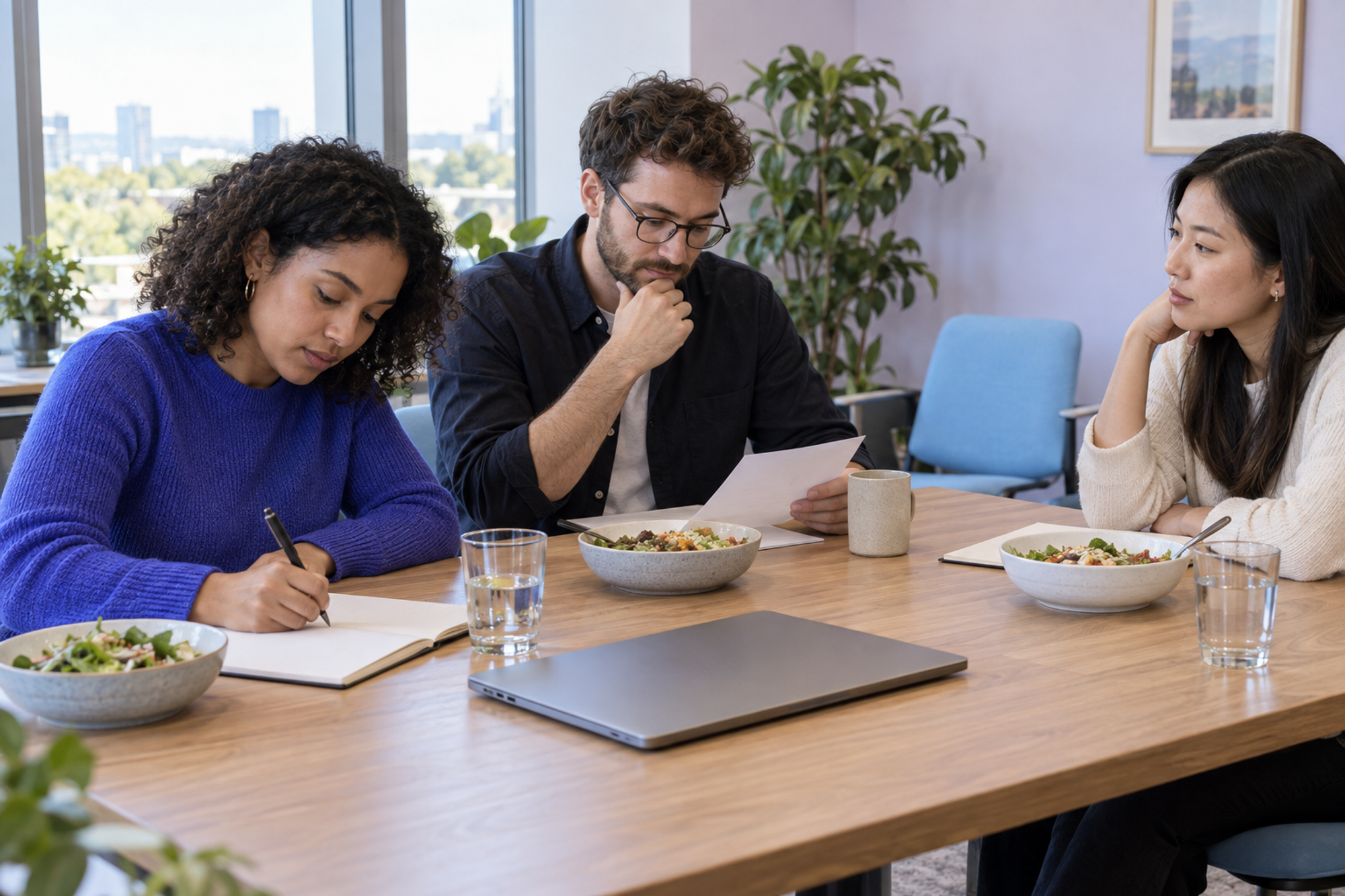 Colleagues try a short learning exercise at an office table beside their lunch bowls.