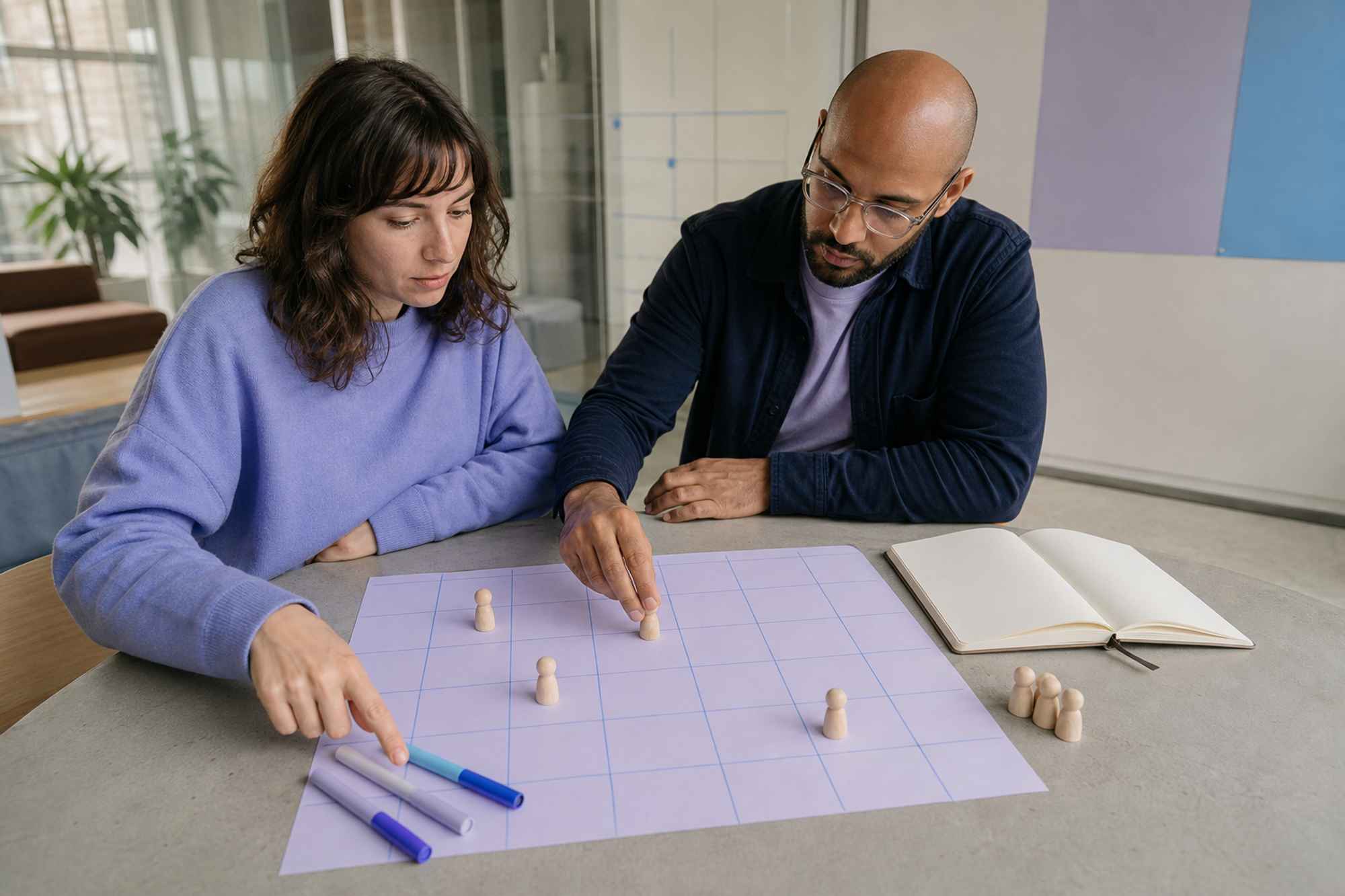A workplace operator and team lead move wooden people markers across a blank planning grid while preparing a four-week office-day test.