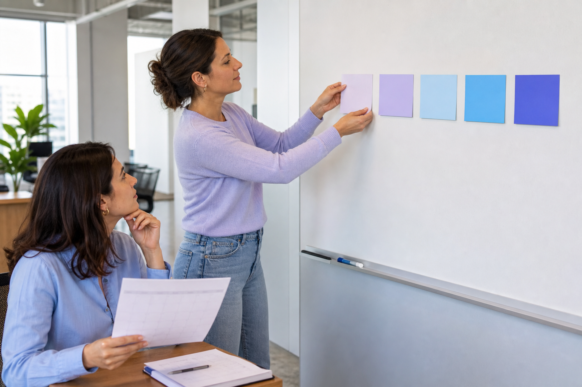 A team lead drafts a concise office day reminder beside a weekly planning wall.