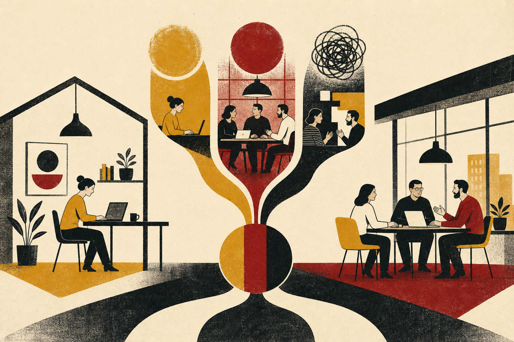Editorial screenprint separating home work, office collaboration and coordination signals before they converge into a shared action.