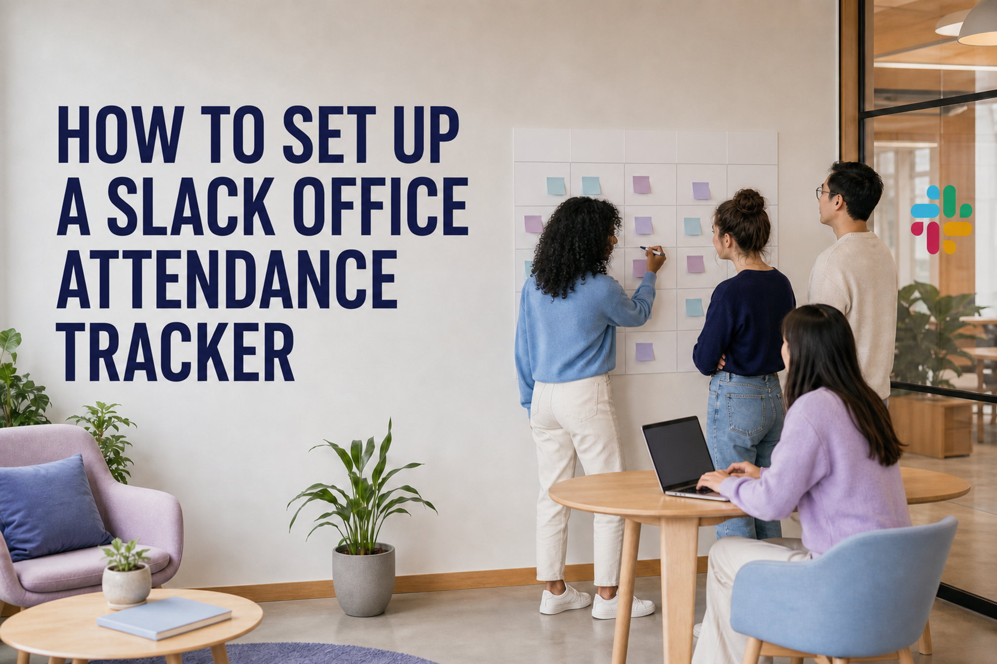 Four coworkers plan office days beneath the title How to Set Up a Slack Office Attendance Tracker, with the official Slack logo shown beside the planning area.