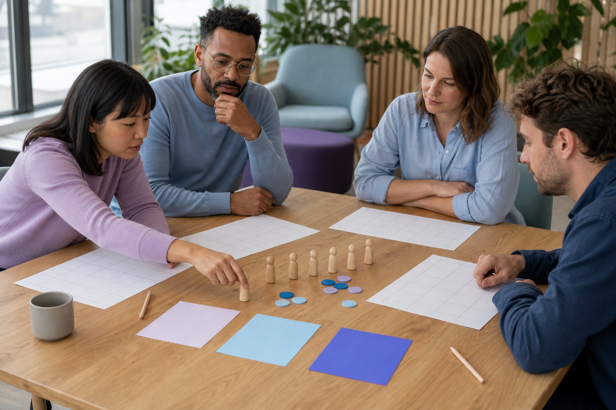 Four coworkers review blank weekly grids, people markers, and exception tokens after a hybrid schedule pilot.