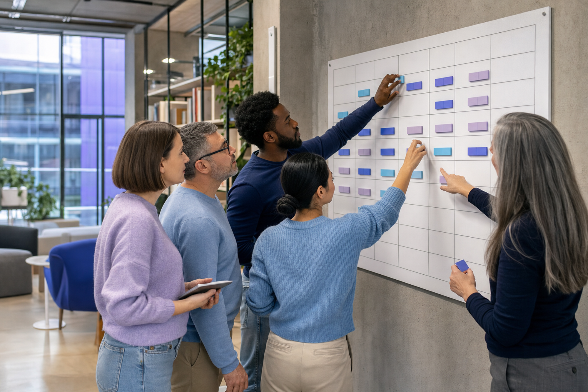 Five coworkers map shared availability with colored blocks on a weekly office planning wall.
