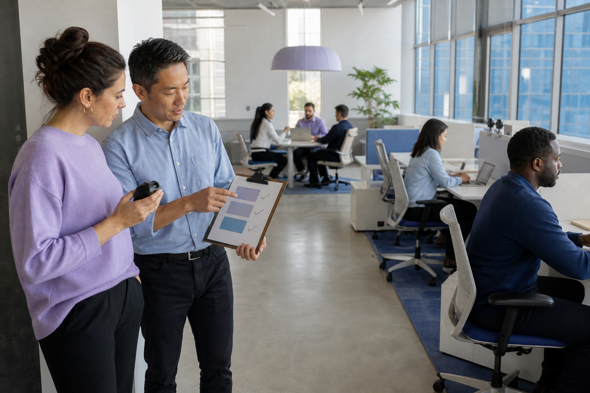 Two workplace operators compare a simple observation checklist while people use desks and collaboration areas in a contemporary office.