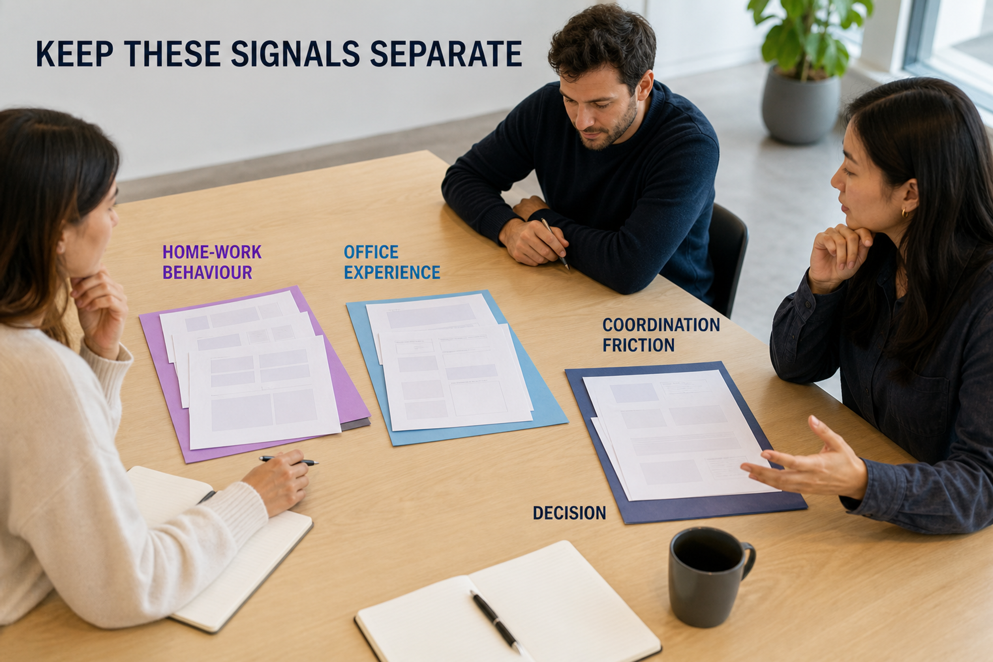 Three coworkers review separate worksheet groups for home-work behaviour, office experience, and coordination friction before making a decision.