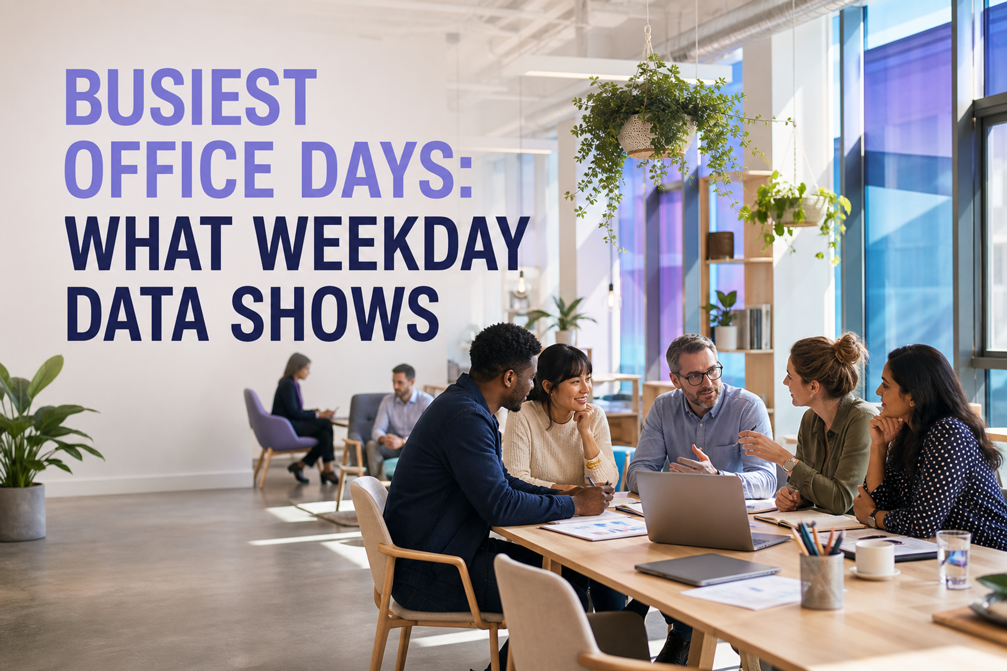 A busy contemporary office with five coworkers collaborating beneath the title Busiest Office Days: What Weekday Data Shows.