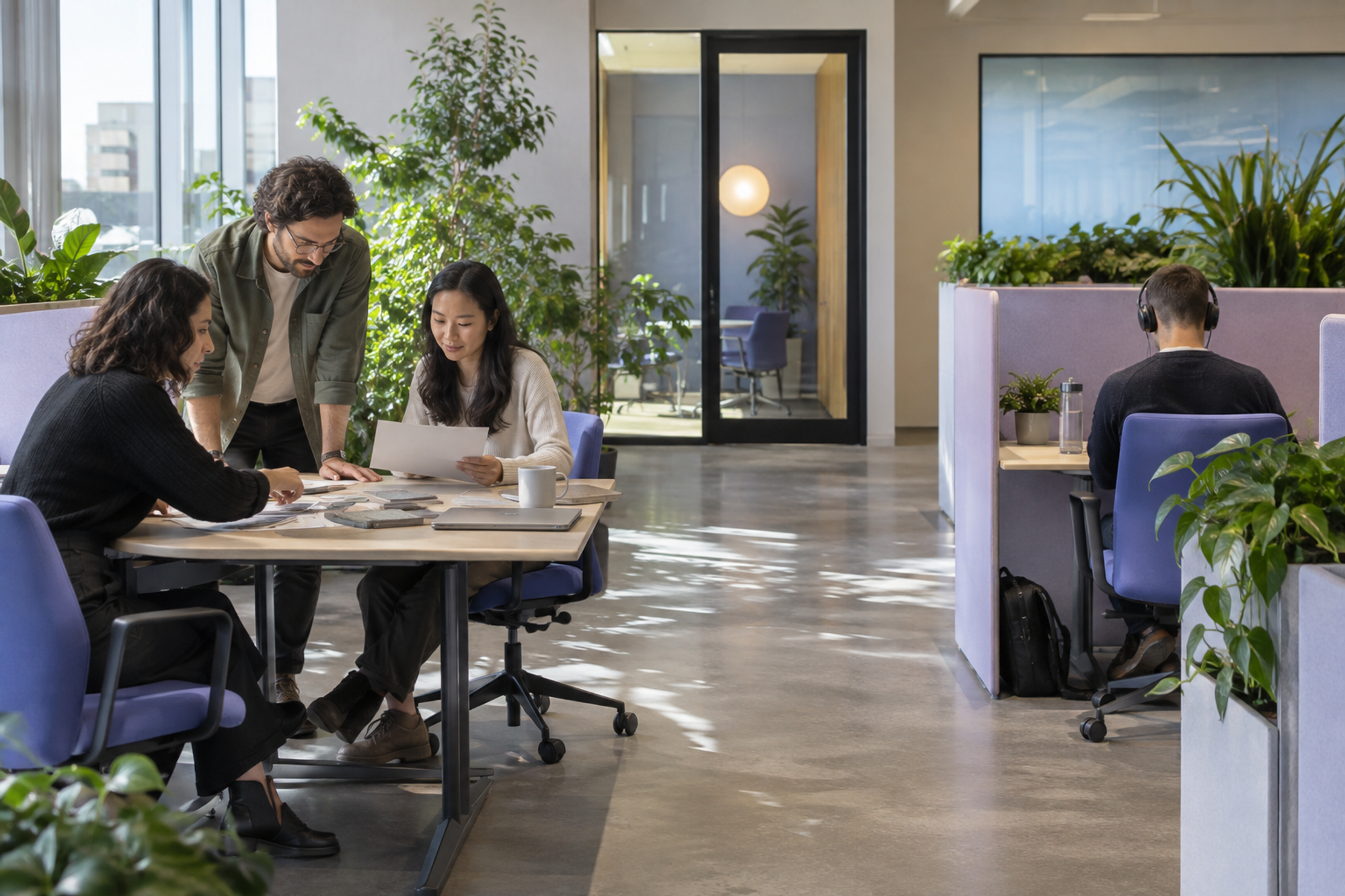 A team reviews work at a shared table beside an adjoining area for individual focus.