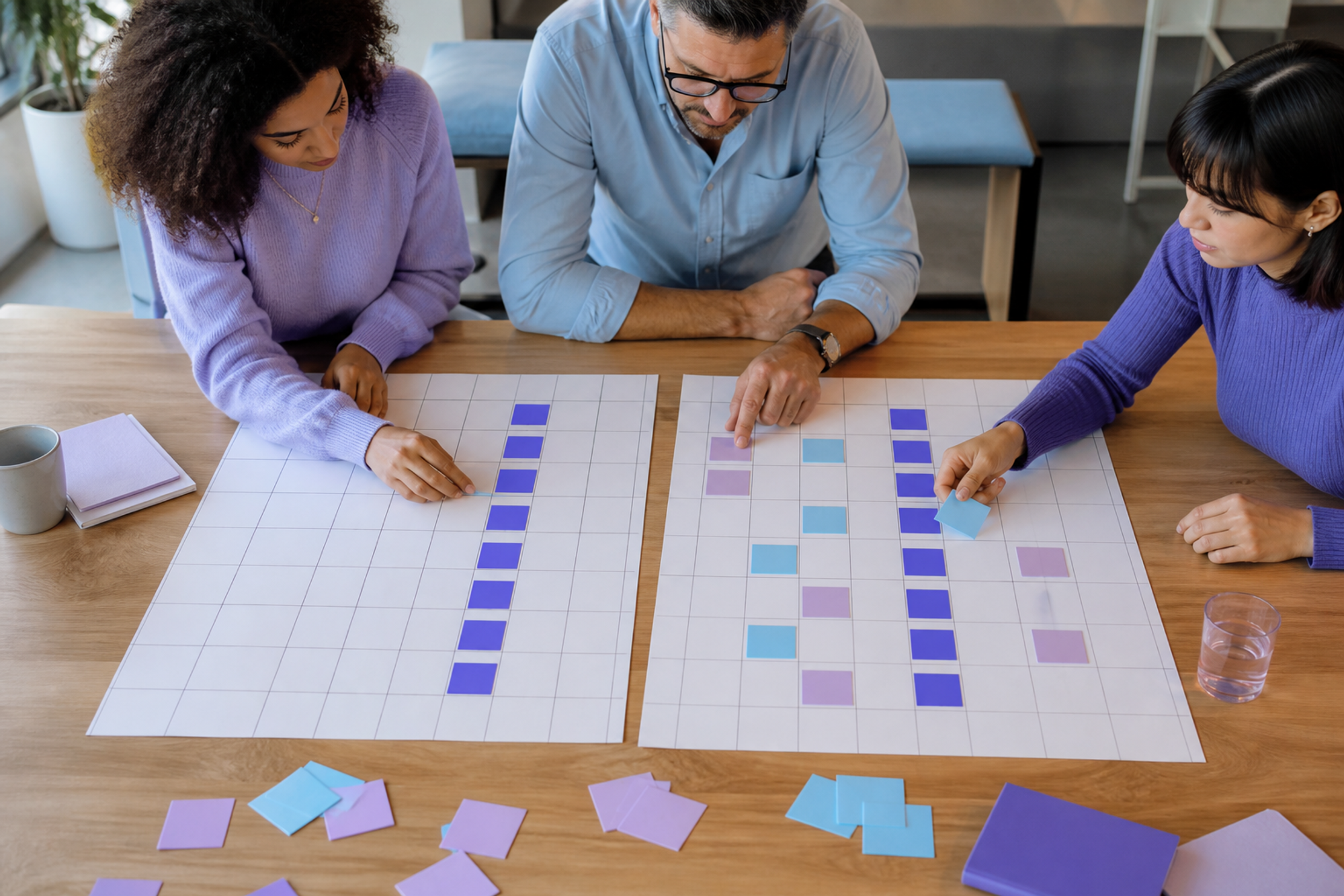 Three coworkers compare a repeating fixed office-day pattern with a flexible pattern that converges on one shared day.